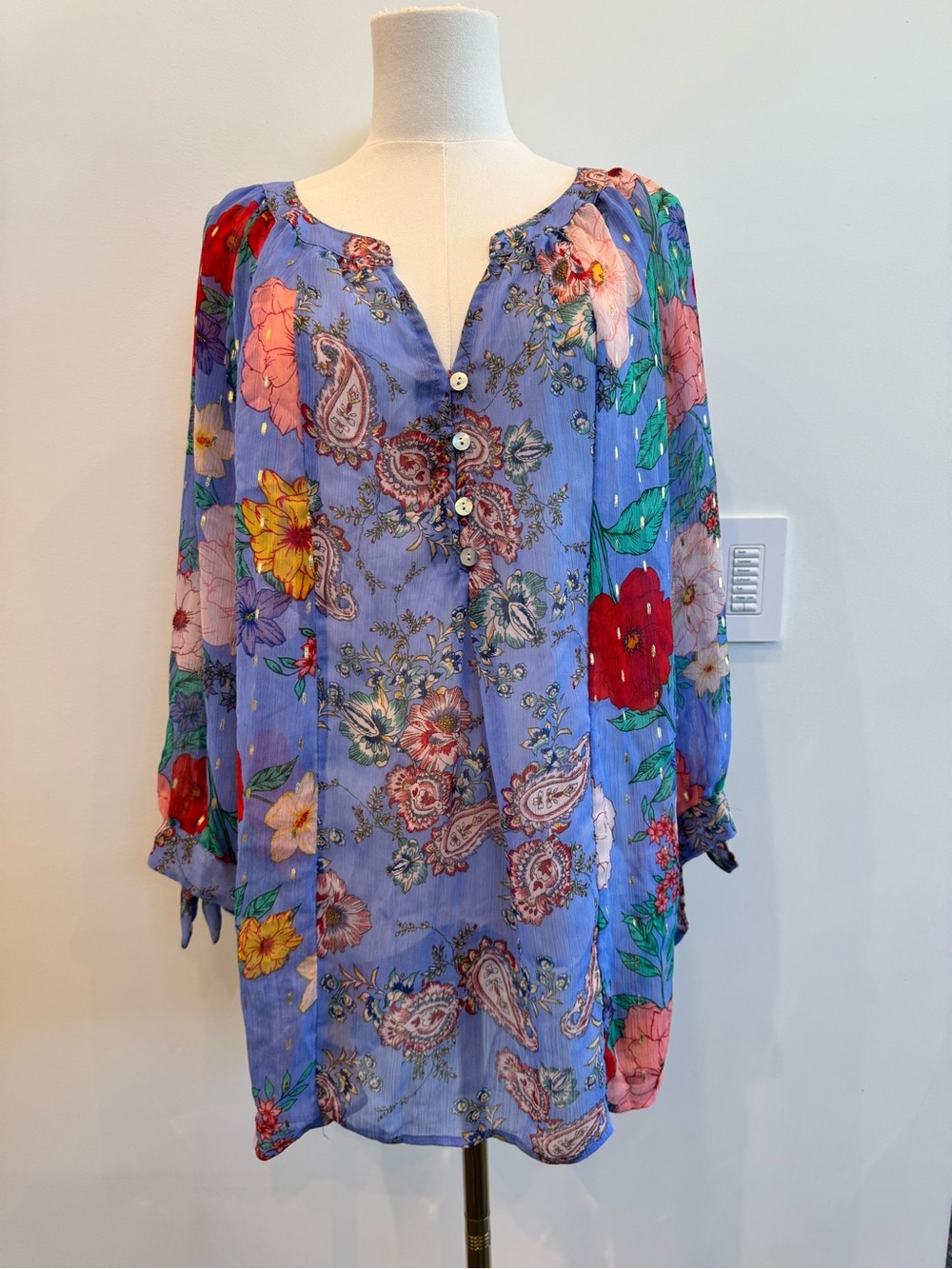fig and flower 3x Periwinkle Purple Floral Boho Tunic Blouse Sheer Peasant Top